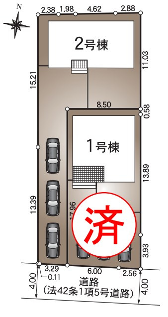 耐震+制震の家 手城町2丁目：住宅性能取得物件 2号棟 手城小徒歩12分の区画図|★先着順販売受付開始！
◎耐震+制震の家：手城町2丁目：2号棟
◎住宅性能評価取得物件
◎価格への挑戦と性能にもこだわった家
◎手城小学校まで徒歩13分
◎ハローズ手城店徒歩5分