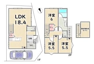 【土地図＋建物プラン例】 | 右京区梅津罧原町　建築条件付 | 《参考プラン2》建物価格：1929万円　延床面積：83.24平米（1F:39.90平米　2F:43.34平米）