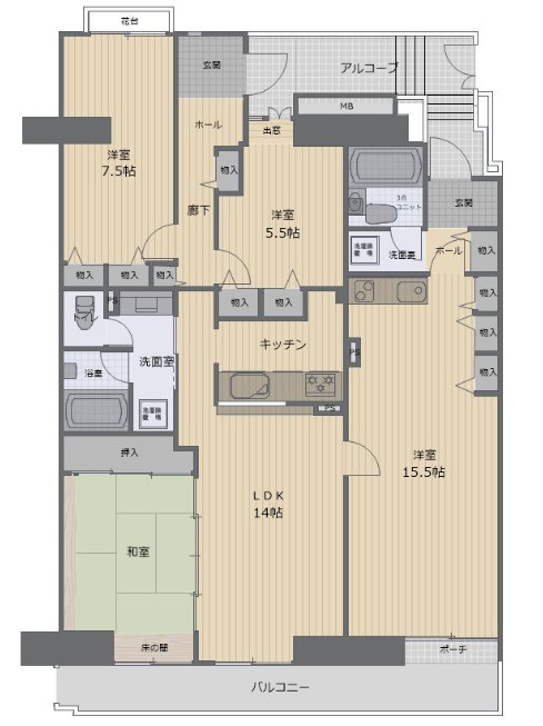 アーバンみらい東大宮東三番街　3号棟の間取り|アーバンみらい東大宮東三番街3号棟、4LDK、専有面積123.73m2、バルコニー面積14.56m2