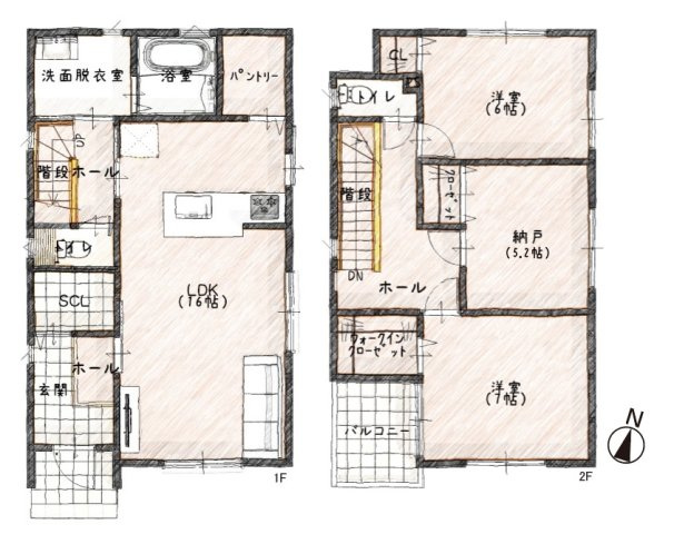 【間取り】 | ライフフィールド大野台1丁目Ⅲ　1号地 | SCLやWIC、パントリーなど収納力にこだわった2SLDK新築戸建！水廻りが集約された家事ラク動線も魅力。