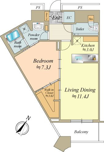 ウォークスルークローゼット、寝室から洗面・浴室へ直接行ける回遊性のある間取り。