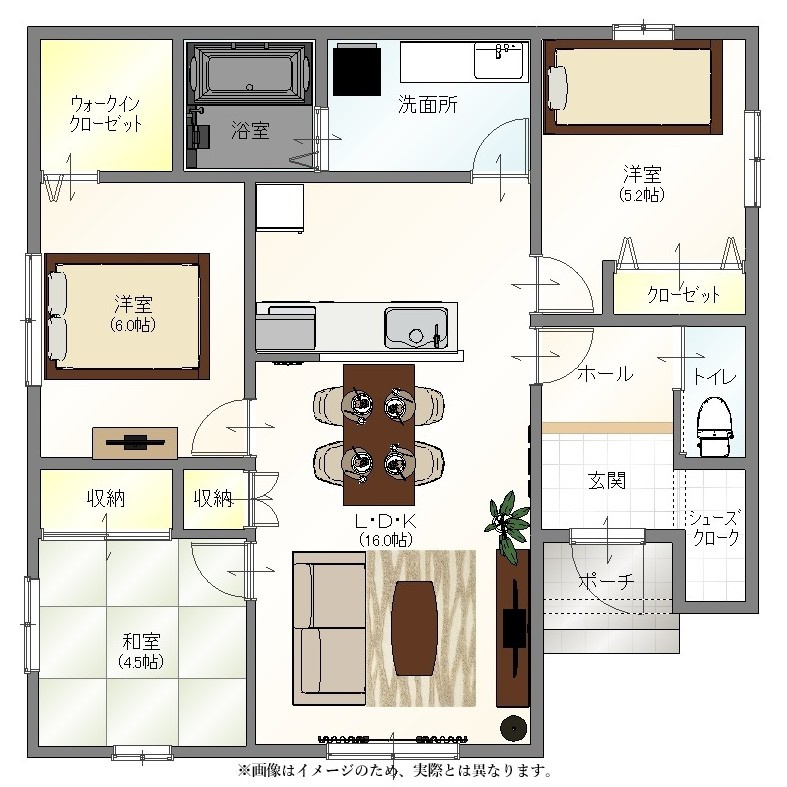 ルミナスコート飯山町⑤の間取り|３LDKの平屋です。リビング１８帖は広くて、どのお部屋にもつながっています。