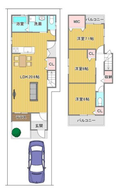 【土地図＋建物プラン例】 | 南区八条内田町 | 土地2800万円　建物1888万円/延床面積：90.71㎡
建築確認申請費用50万円(税込)別途要　外構費50万円(税込)別途要　※建築条件無価格：3000万円　