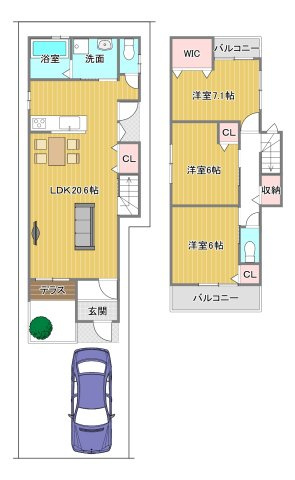 【土地図＋建物プラン例】 | 南区八条内田町 | 土地2800万円　建物1888万円/延床面積：90.71㎡
建築確認申請費用50万円(税込)別途要　外構費50万円(税込)別途要　※建築条件無価格：3000万円　
