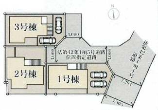 【区画図】 | 海老名市杉久保北4丁目  1号棟 | 1号棟　東側約7.2ｍ公道・北側約4ｍ私道（持分等要確認）　駐車並列2台（車種によります）　※2号棟ご成約済み
