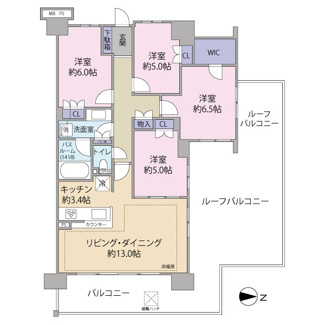 【間取り】 | グランアルト越谷レイクタウン | 4LDK+ルーフバルコニー
専有面積：85.74㎡　バルコニー面積：14.00㎡　ルーフバルコニー面積：32.30㎡