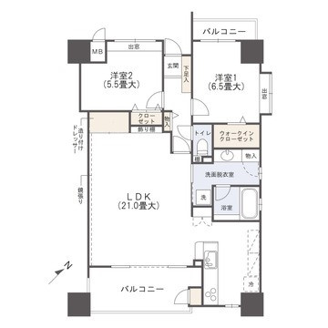 パークオーシャン桜島桟橋通りの間取り|約21畳あるLDKが魅力の9階2LDK角部屋です