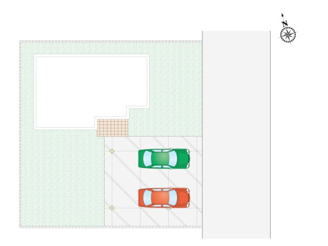 常総市新石下（全2区画）1号棟　区画図　駐車は2台可能です。駐車スペースはゆとりがあり、外水栓も付いているので洗車もできます！