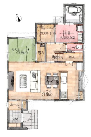呉市焼山　一戸建　B号地の間取り|延べ床面積103.25㎡の3LDKです。洗面室から直接出入りができる便利な室内干し空間や、ウォークインクローゼットが2か所あります。