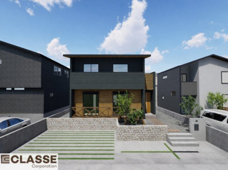 【外観パース】 | 久御山町栄2丁目　売土地　建築条件付き　 | 弊社は、気密測定器を保有しており、自社での気密測定を実現しております。気密処理をし、気密測定まで標準でさせていただいております