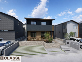 【外観パース】 | 久御山町栄2丁目　売土地　建築条件付き　 | 参考プランになりますので、お客様のお好みの外観を一緒に作らせていただきます。外壁には、メンテナンスが楽な光セラを採用しており、汚れがつきにくく、色あせもしにくいのでおススメです！