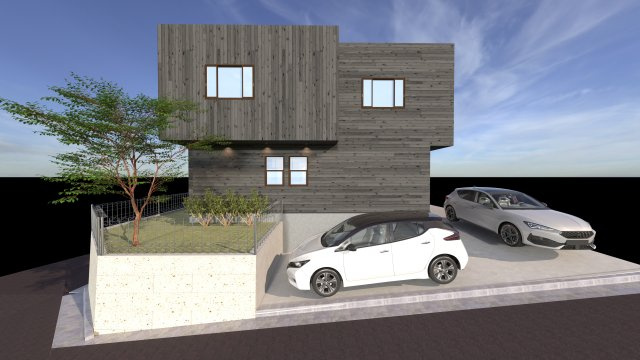 海と山と。自然の中で暮らす家in逗子久木の外観パース|外構工事が間もなく完成。
ゆとりある敷地は、カースペース2台分確保。