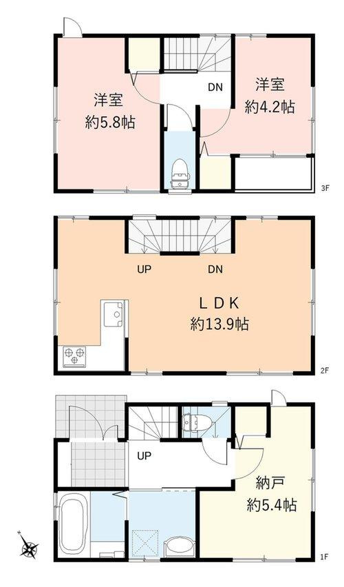 新座市東１丁目の中古一戸建の間取り|2階ワンフロアLDKはリビングイン階段、L型キッチン採用で開放的。
2021年4月築の築浅2SLDKです。