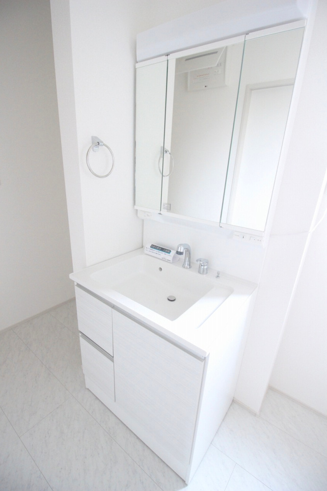 グラファーレ　小山市雨ケ谷新田　2号棟の独立洗面台|三面鏡タイプの洗面台は、収納たっぷりで朝の支度もスムーズに行えます◎