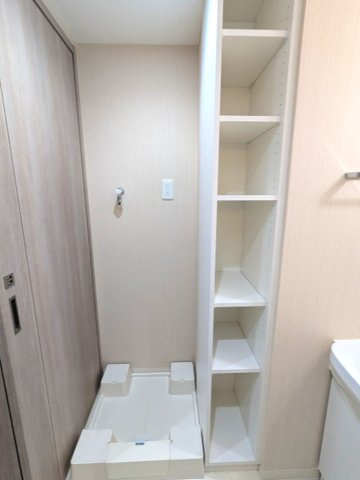 N-stage上野の設備|トイレと独立した洗面室の室内洗濯機置場は排水溝のお手入れがし易い様に中央手前に配置し、足高の防水パンです