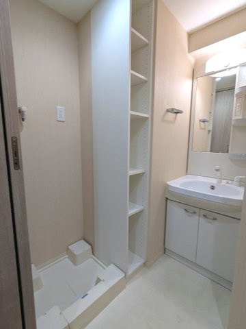 N-stage上野の洗面所|トイレと独立した洗面室、ハンドシャワー付洗面台、室内洗濯機置場は排水溝のお手入れがし易い様に中央手前に配置し、足高の防水パンです