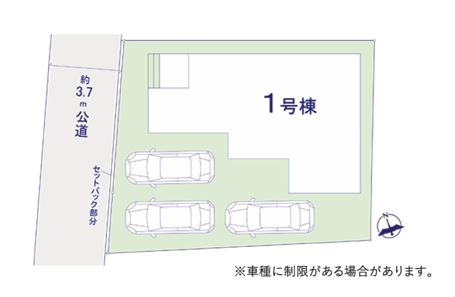 ケイアイフィット　水戸市千波町　8期 　限定1棟！の区画図|前面道路幅3.7メートル、3台駐車可能なカースペースを確保。
内覧可能です。ご予約はHPから、またお電話でも、お気軽にどうぞ。
