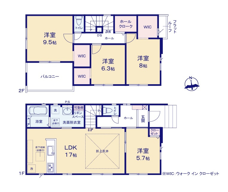 ケイアイフィット　日立市東金沢町　8期 　限定1棟！の間取り|　
☆全室明るい南向きです。各部屋に収納スペース配備。家族の気配が感じられて安心できるリビング階段。水廻りコンパクトで家事動線ラクラクです♪
