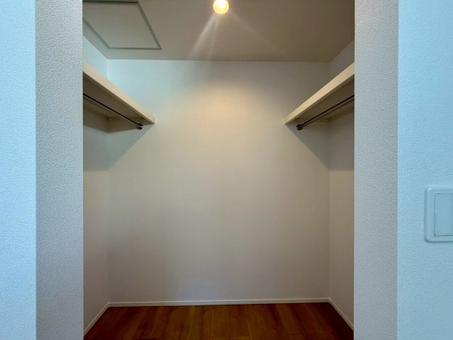高知市介良2期2棟　1号棟の収納|両側にハンガーパイプを備えた大容量ウォークインクローゼット。衣類をたっぷり掛けられます。