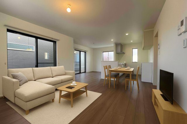 北葛飾郡松伏町　　松伏　　中古戸建の居間・リビング|おしゃれなリビングです。※家具をCGで加工しており、家具付き販売ではございません。