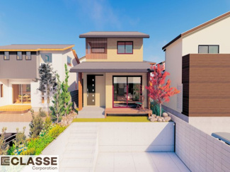 【外観パース】 | 城陽市寺田垣内後　売土地　建築条件付き | ・参考プラン価格：2400万（別途外構費187万、造成費等-万）　　　　
・建物価格は参考価格になります。
（弊社標準建物 30坪で計算した価格です）　　　　　　
・参考プラン延床面積：95.98㎡