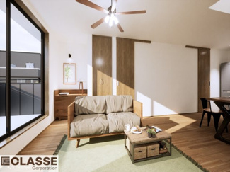 【完成予想図】 | 城陽市寺田垣内後　売土地　建築条件付き | アトリエスタイルハウス仕様の窓はペアガラス、サッシはアルミ×樹脂複合のハイブリットサッシを採用。ガラスの間には断熱性の高いアルゴンガスを充填しておりますので、より断熱性能が高まる仕様になっております。