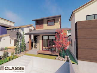 【外観パース】 | 城陽市寺田垣内後　売土地　建築条件付き | 参考プランになりますので、お客様のお好みの外観を一緒に作らせていただきます。外壁には、メンテナンスが楽な光セラを採用しており、汚れがつきにくく、色あせもしにくいのでおススメです！