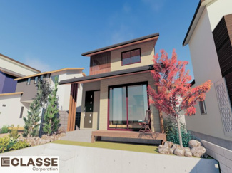 【外観パース】 | 城陽市寺田垣内後　売土地　建築条件付き | 標準仕様（アトリエスタイルハウス仕様）で断熱材は気密性、断熱性能も高い、吹付断熱を採用。屋根断熱を実現していますので、お家全体が冬はあったかく、夏は涼しいお家づくりが可能です。