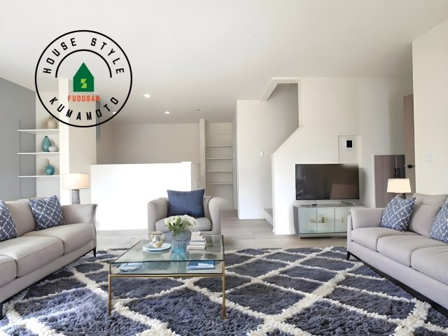 熊本市東区尾ノ上3丁目第1-3棟（2号棟）の居間・リビング|キッチンからリビングをしっかり確認できます。家族の笑顔があふれる空間になりそうですね。※家具はCGを合成したものです。同仕様写真