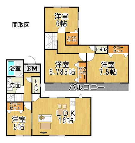 常滑市鯉江本町5丁目　中古戸建の間取り|○●間取り図●○
南向きの広いバルコニーのある４LDK。一階の洋室はリビングとつながり開放的な空間に♪二階の6帖の洋室にはウォークインクローゼット完備。1階と2階にそれぞれトイレがついています。