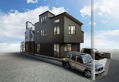 【外観パース】 | ◇◆日吉2丁目デザイナーズ住宅◆◇ | ◆堂々たる趣ながら、主張し過ぎずどこか余裕を感じさせるシャープなフォルムで佇む邸宅は、晴天の空と照らし合わせる事で、本来あるべき完成形の姿を見せてくれます。