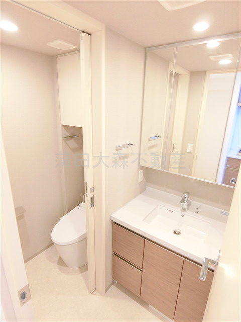 クレストコート池上の洗面所|洗面脱衣所　3面鏡の独立洗面台　洗濯機置き場