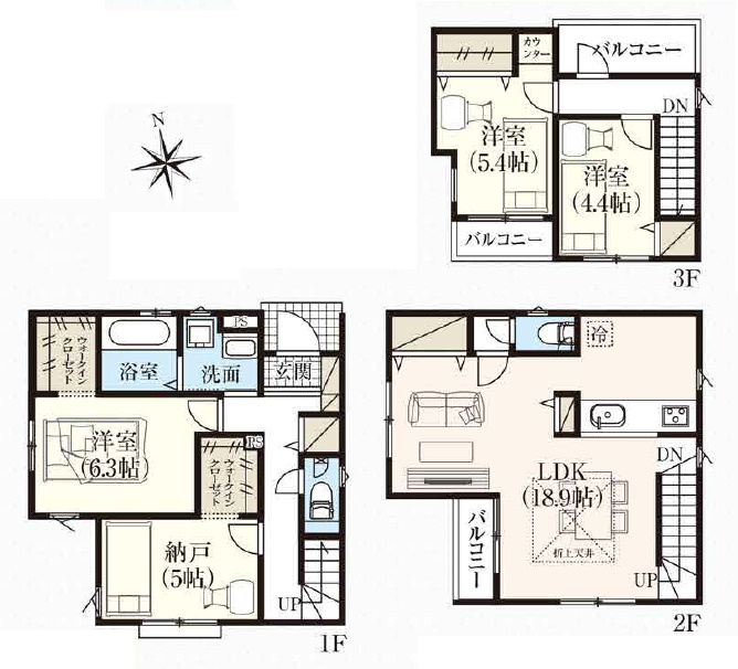 練馬区大泉町4丁目　新築分譲住宅全4棟の間取り|2号棟　3LDK+S+2WIC+カースペース2台分　敷地面積 104.09ｍ2　建物面積 107.43ｍ2
5180万円