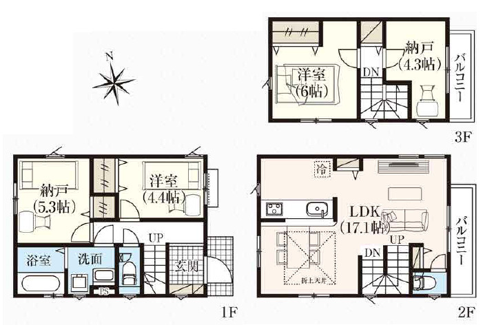 練馬区大泉町4丁目　新築分譲住宅全4棟の間取り|4号棟　2LDK+2S+カースペース　敷地面積 85.20ｍ2　建物面積 91.48ｍ2
4980万円