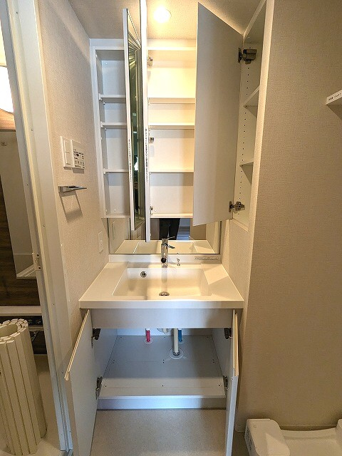 ワンルーフレジデンス新御徒町の設備|ハンドシャワー付き2面鏡付き独立洗面台です