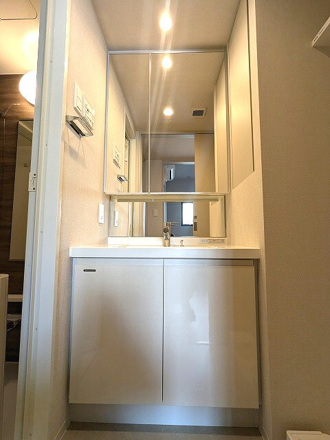 ワンルーフレジデンス新御徒町の設備|ハンドシャワー付き2面鏡付き独立洗面台です