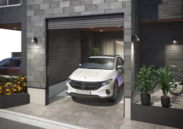 杉並区和泉1丁目 限定1棟の外観パース|安全性と快適性を兼ね備えた電動シャッターつきのビルトインガレージ
雨天時も濡れずに乗り降りでき防犯面でも安心です
またセカンドカーの駐車もできるビルトインガレージも設置しています