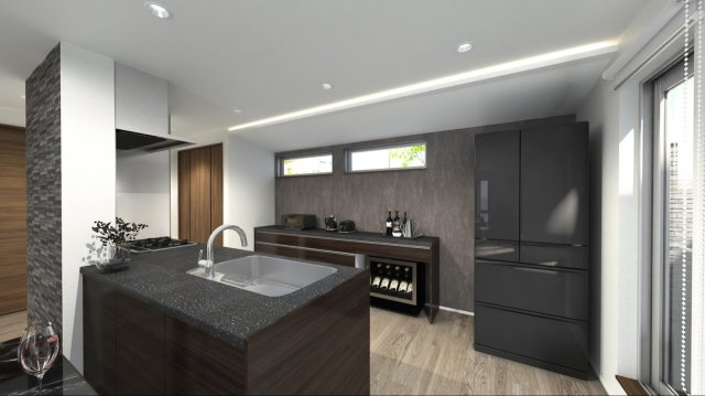 杉並区和泉1丁目 限定1棟の完成予想図|スタイリッシュなアイランドキッチン
キッチン背面にはキッチンと同じ面材のカップボードを設置しています
家事効率の上がるハイスペックなキッチンです
意匠性と実用性を兼ね備えてます