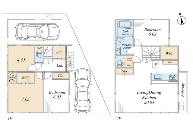 【間取り】 | 江戸川区松江7丁目　新築戸建　A号棟 | 駐車スペース２台分確保！ゆったり二階建てのLDK20帖、４LDKです♪玄関を入るとSIC、主寝室にはWICと収納も豊富！LDKフロアに水廻り設備を集約させた導線の良い間取り♪４部屋の内３部屋が６帖以上