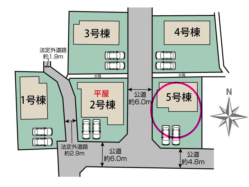 ブルーミングガーデン前橋市上新田町　５号棟　の区画図|駐車場2台以上ご用意しています！
並列駐車なので、車の出し入れもしやすいですよ！