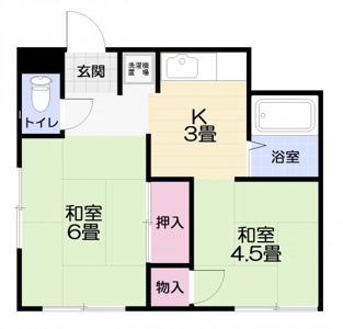 バストイレ別、和室2部屋付きの２Ｋの間取です。