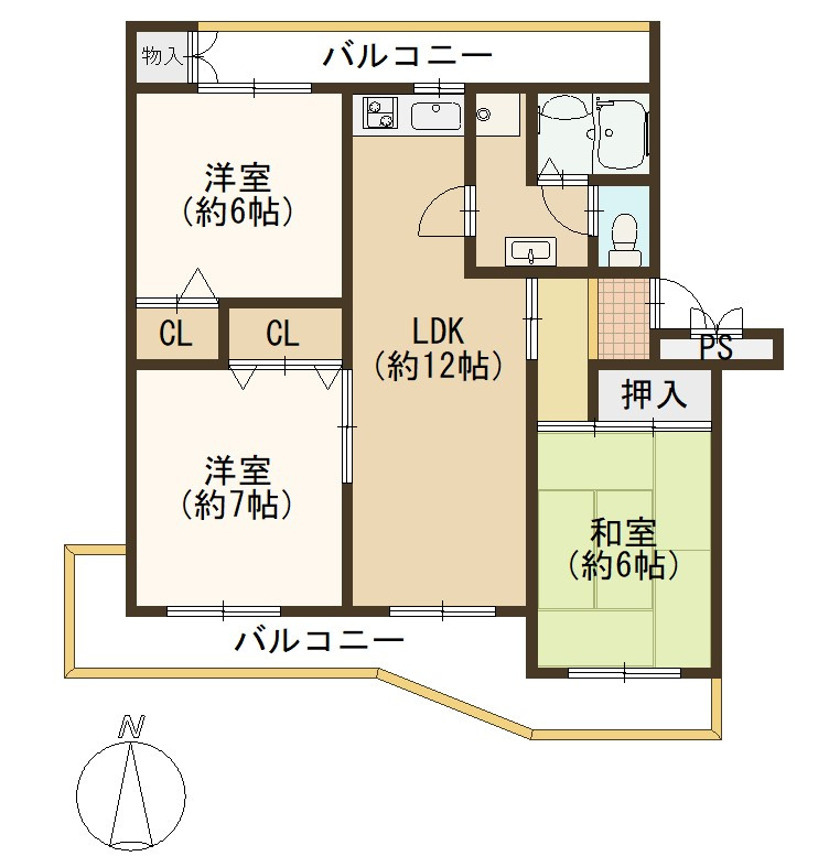 【価格改定】南円明寺ヶ丘団地16棟の間取り|和室のある間取り。全部屋バルコニーへの動線があり、南からの採光はお部屋全体を明るくしてくれます！