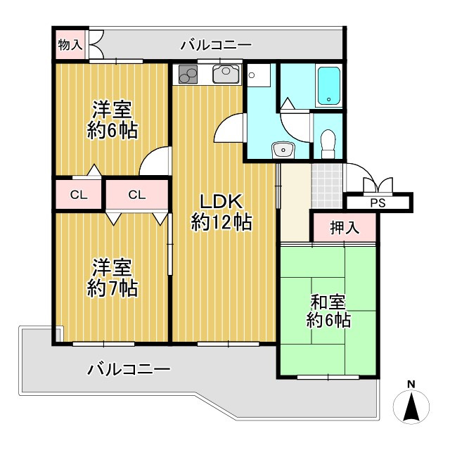 【価格改定】南円明寺ヶ丘団地16棟の間取り|和室のある間取り。全部屋バルコニーへの動線があり、南からの採光はお部屋全体を明るくしてくれます！