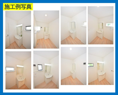 【独立洗面台】 | CGかすみがうら市下稲吉第14【全7棟】 | 洗面室　■毎日の身支度も気持ち良くお使い頂けます。■忙しい朝もおまかせ、お洒落で清潔感のある三面鏡のシャンプードレッサー、開けると大容量の収納、閉めると見た目もすっきり