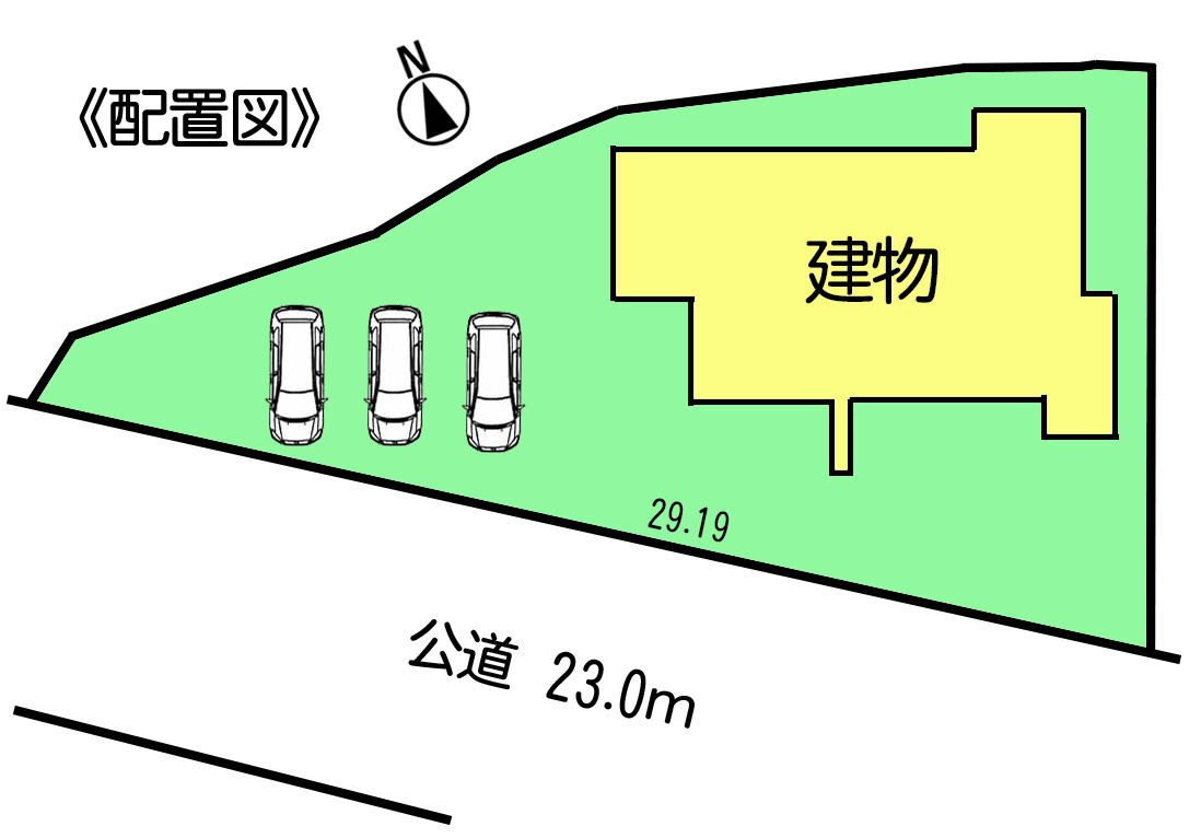 常滑市仲井　中古戸建の区画図|○●配置図●○
70坪以上の広々敷地‼並列駐車3台可能なカースペースはこ家族の車を効率よく停めることができます。