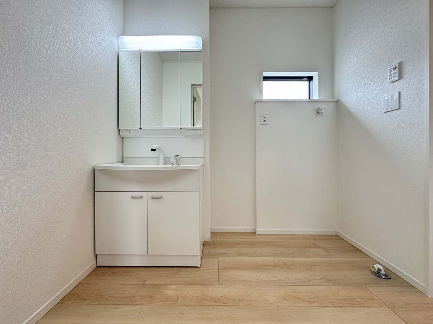 耐震+制震の家 高須町：住宅性能取得物件 1号棟 の独立洗面台|■三面鏡タイプを採用。鏡の裏にも収納できます
■手洗の洗濯にも便利なゆったりサイズのシンク 
■水栓はリフトアップ機能付、ハンドシャワーでも使えます