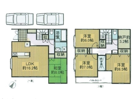 入間市上藤沢　中古戸建　～全居室6帖以上・収納付～の間取り|家族でゆったり過ごせるLDK16.2帖、全居室6帖以上・収納付、季節物等の収納に便利な納戸3.2帖あり、室内に明るい日差しが差し込む全室2面採光の4SLDK。