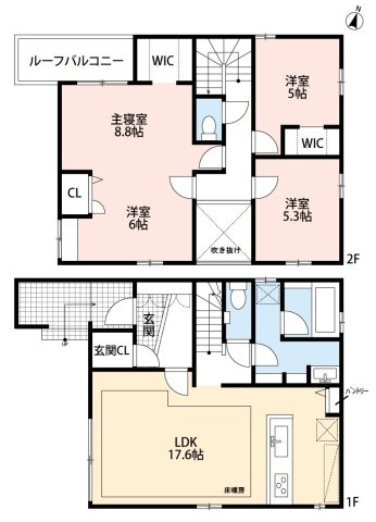小牧市常普請1丁目　新築戸建　B棟の間取り|玄関クロークあり。
広々LDK17.6帖には床暖房あり。