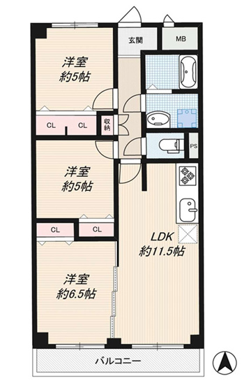 【間取り】 | 朝日プラザ小阪A棟 | 【全洋室3LDK＋南向きバルコニー☆】室内水廻り設備一新！建具新調の全面リフォーム済み☆全居室収納完備♪全室エアコン設置可能です☆