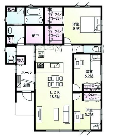 前橋市南町　1号棟　(平屋)新築住宅の間取り|収納充実♪南向きの3LDKSの間取りの平屋住宅です！
土地面積224.13㎡、建物面積95.23㎡で十分な広さです！